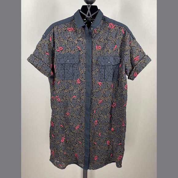 All Saints Shirt Womens 8 black brown floral lace Leela button up tunic dress - Picture 1 of 8